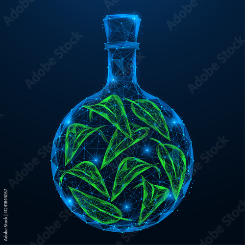 A bottle with leaves, plant extract. Polygonal design of interconnected lines and dots. Blue background.