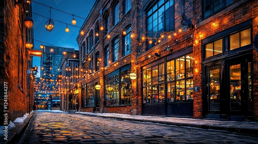 Fototapeta   A cobblestone road in a city at night with strings of light hanging from buildings on either side