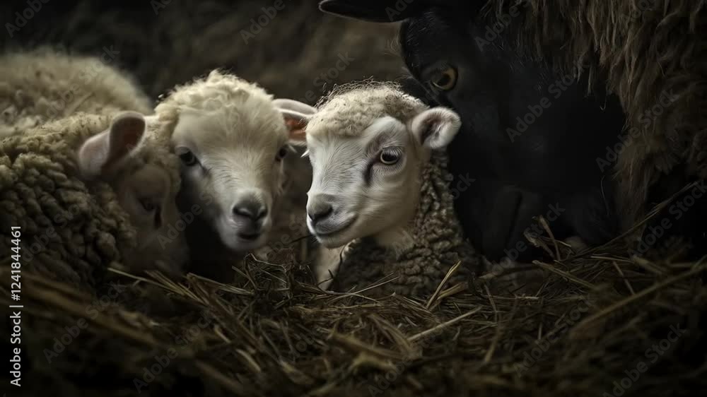 Adorable Sheep Scenes in Cozy Barn Environment, smooth repetitive motion for background video animation Adorable Sheep Scenes in Cozy Barn Environment, smooth repetitive motion for background video animation