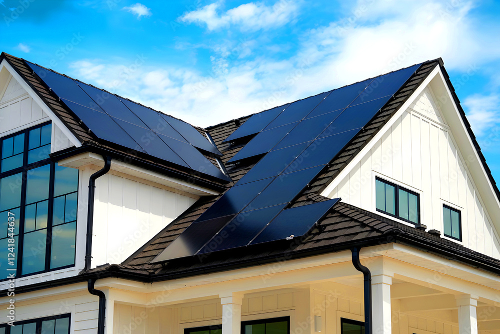 A newly built house with solar panels attached on the roof against a sunny day, cloudy sky. A newly built house with solar panels attached on the roof against a sunny day, cloudy sky.
