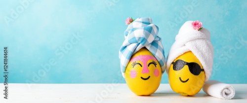 Cute lemon characters in spa towels on blue background