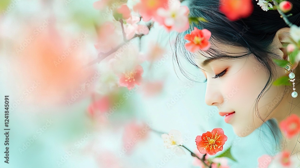 Fototapeta premium A close-up of a person with flowers in her hair