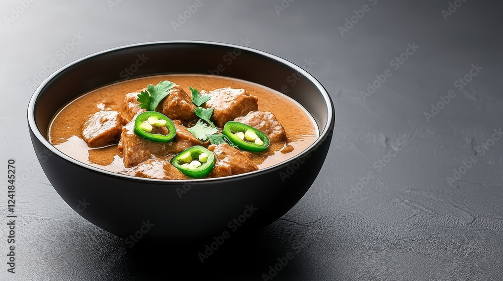 Hearty Bicol Express features tender pork in rich coconut sauce with sliced green chilies against a dark moody backdrop Hearty Bicol Express features tender pork in rich coconut sauce with sliced green chilies against a dark moody backdrop