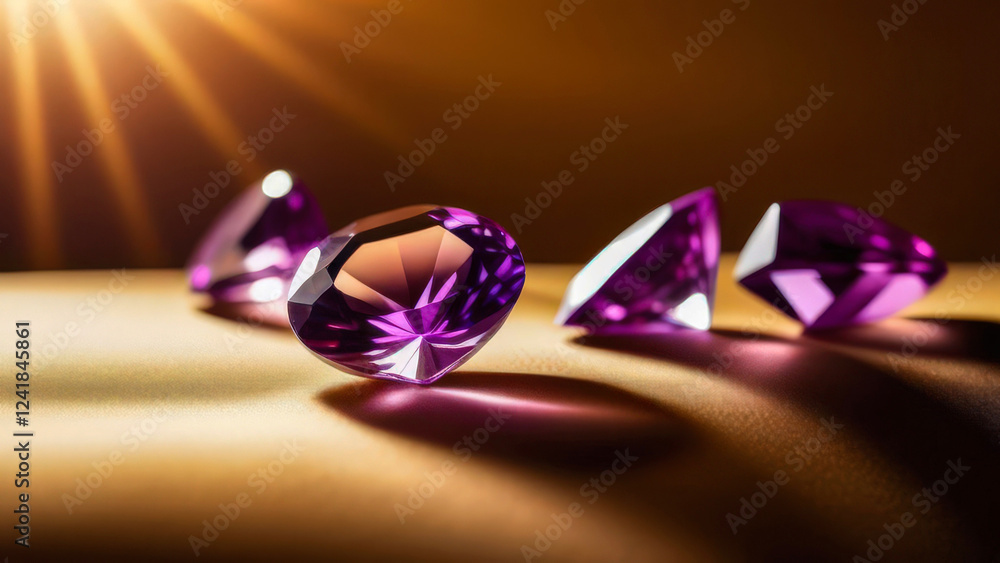 Purple amethyst crystals, jewels. Precious faceted stones with backlight. Copy space for text. Purple amethyst crystals, jewels. Precious faceted stones with backlight. Copy space for text.