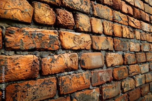 Close up of weathered red brick wall with decaying mortar, highlighting texture and deterioration for backgrounds and construction themes photo