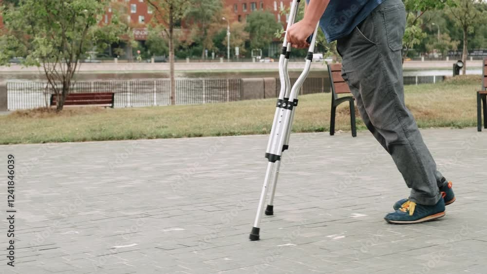 A person navigates through a park using crutches, showcasing determination. Green trees and benches provide a serene backdrop, while the water adds tranquility. A person navigates through a park using crutches, showcasing determination. Green trees and benches provide a serene backdrop, while the water adds tranquility.