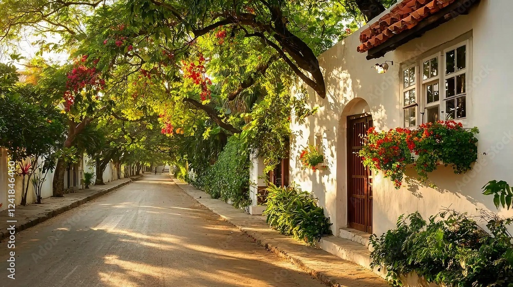 Fototapeta premium Street adorned with trees, flowers, white building, red shutters, and red-tiled roof