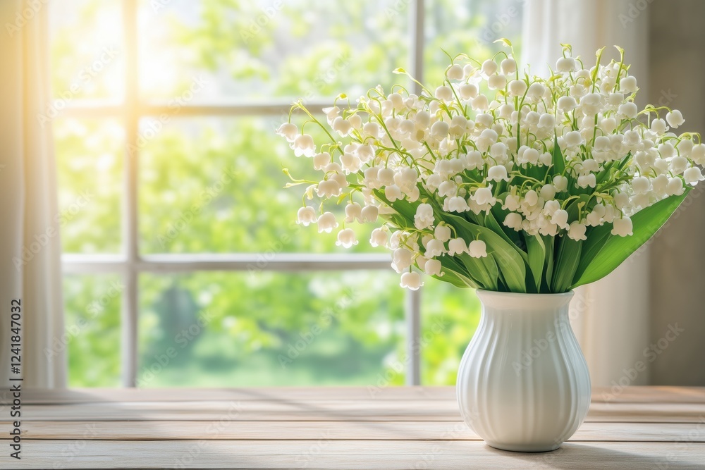 A stunning bouquet of lily of the valley flowers in a white vase on a wooden table by a sunny window. A stunning bouquet of lily of the valley flowers in a white vase on a wooden table by a sunny window.