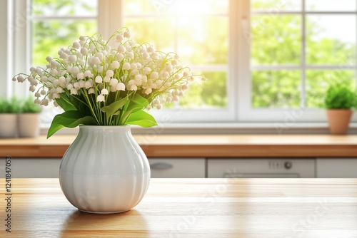 Wallpaper Mural A vase of white lily of the valley flowers on a wooden kitchen table with sunlight streaming in. Torontodigital.ca