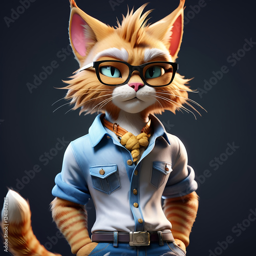 This is a super cool and stylish furry character—a cat dressed in trendy clothes like a shirt and jeans, striking a confident pose. It looks like something straight out of a fighting game like Tekken, photo