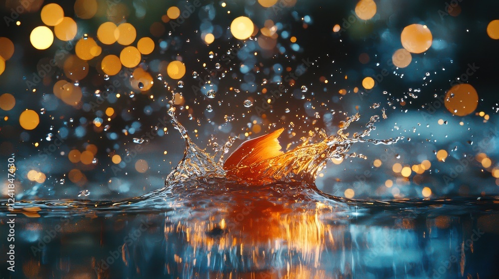 Fototapeta premium Orange Splash Into Dark Water With Bokeh Effect