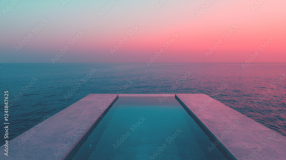Obraz premium Oceanfront infinity pool sunset, tranquil escape