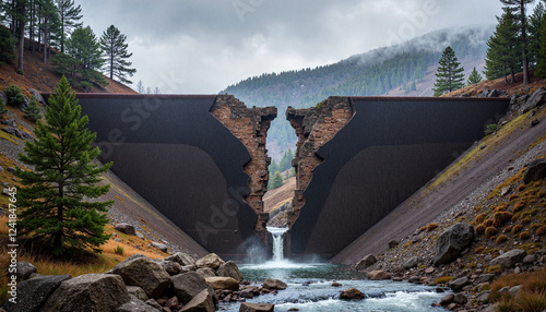 Cracked dam structure revealing concrete and water flow, environmental decay