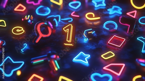 Neon shapes, number one, dark background, celebration