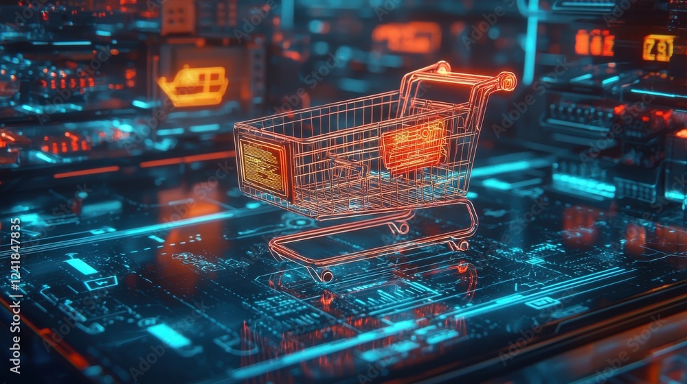 Digital Shopping Cart Graphic On Futuristic Circuit Board Digital Shopping Cart Graphic On Futuristic Circuit Board