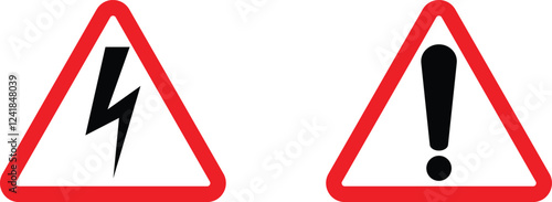 High voltage and warning signs. Emergency symbols in red triangle. isolated on white background. illustration.
