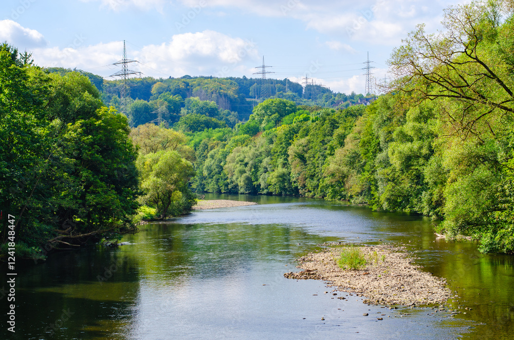 Obraz premium Tranquil River Landscape Surrounded by Lush Greenery