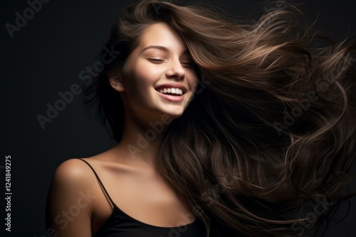Studio portrait of a beautiful smiling model showing her long brown hair flowing in the wind on a dark background © juliars