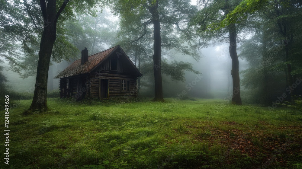 A mysterious wooden cabin stands alone in a lush green forest, surrounded by fog and tall trees, evoking a sense of peaceful isolation.