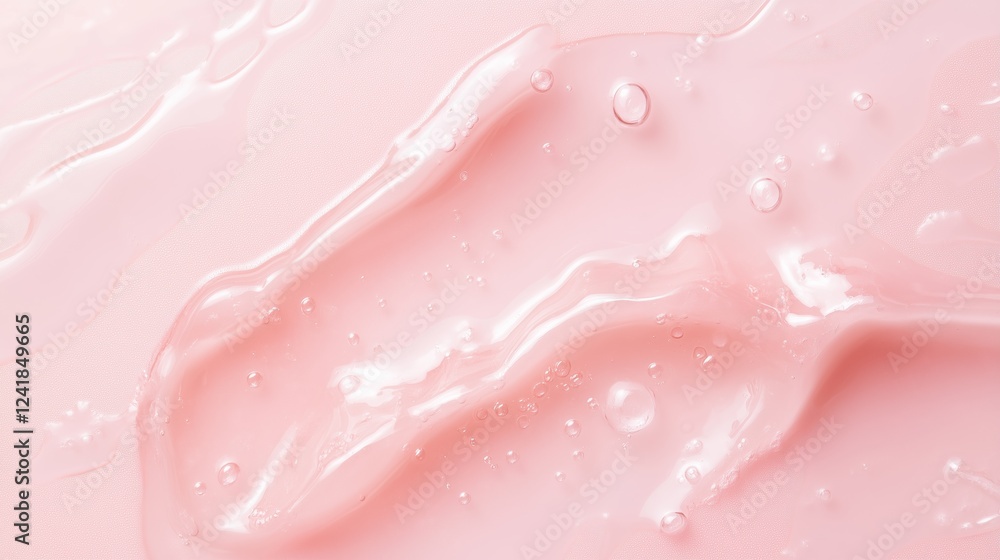 Obraz premium Water Droplet on Pink: A captivating abstract close-up of a water droplet on a delicate pink background, forming ethereal patterns and delicate air bubbles. The image embodies purity, freshness.