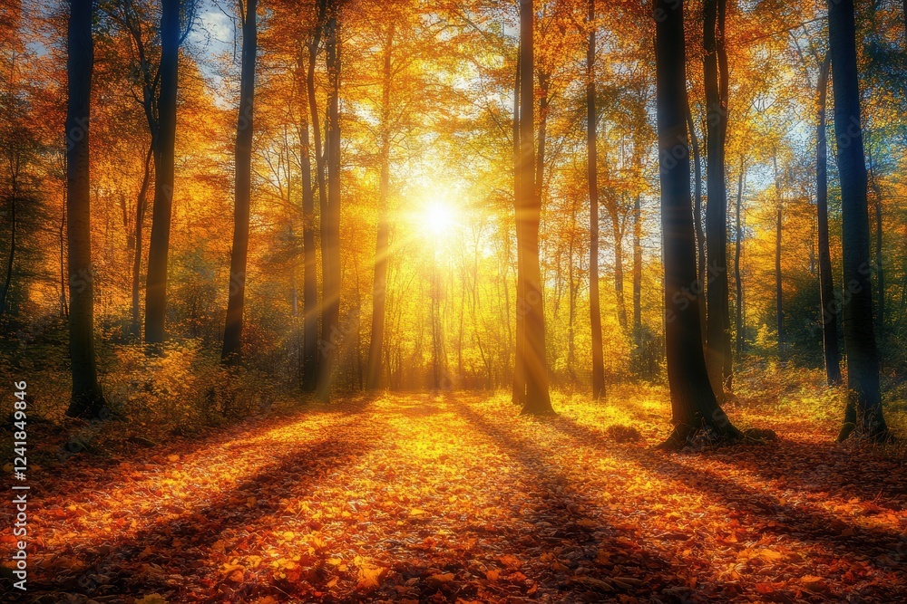 Obraz premium Vibrant autumn leaves blanket a serene forest path in a colorful display of natures beauty