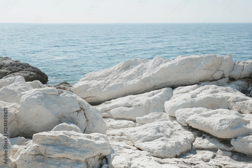 White limestone rocks by the calm blue sea under bright sunlight White limestone rocks by the calm blue sea under bright sunlight