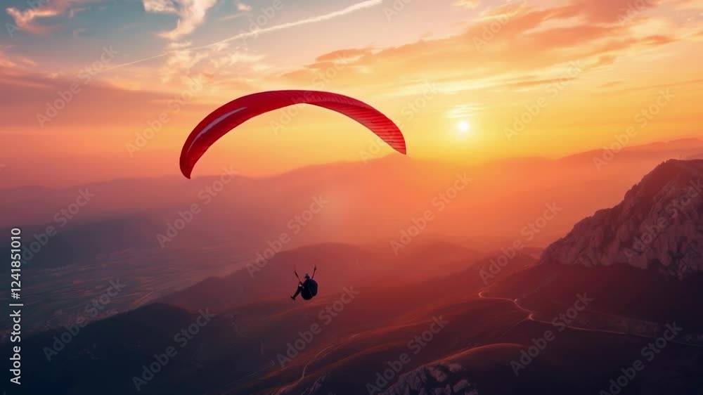 Sunset video with a paraglider on the background of mountains will be appropriate in extreme sports adverts, travel videos, inspirational adventure videos.
