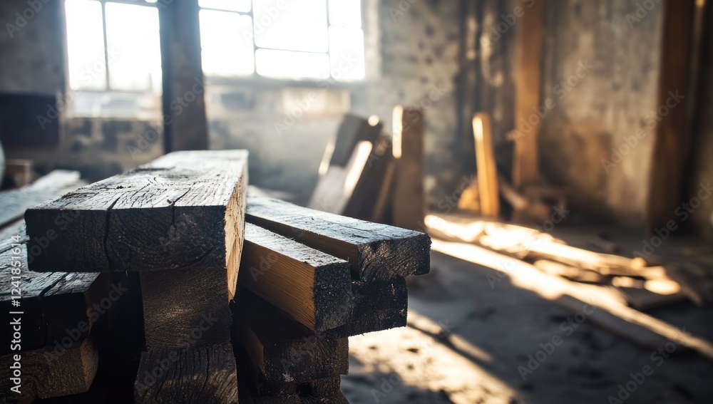 Sunlit Rustic Lumber in Abandoned Warehouse Sunlit Rustic Lumber in Abandoned Warehouse