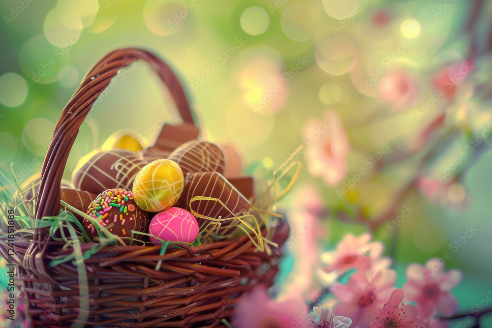 Close-Up of Basket with Delicious Easter Chocolates for Joyful Spring: Easter Close-Up of Basket with Delicious Easter Chocolates for Joyful Spring: Easter