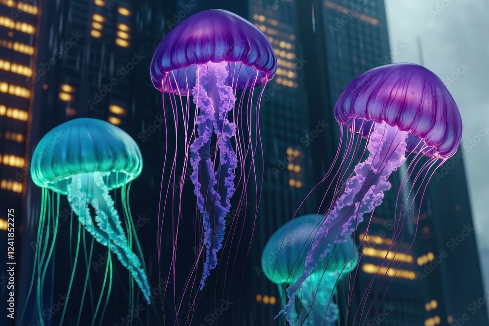 Bioluminescent jellyfish against a city backdrop. AI. Bioluminescent jellyfish against a city backdrop. AI.