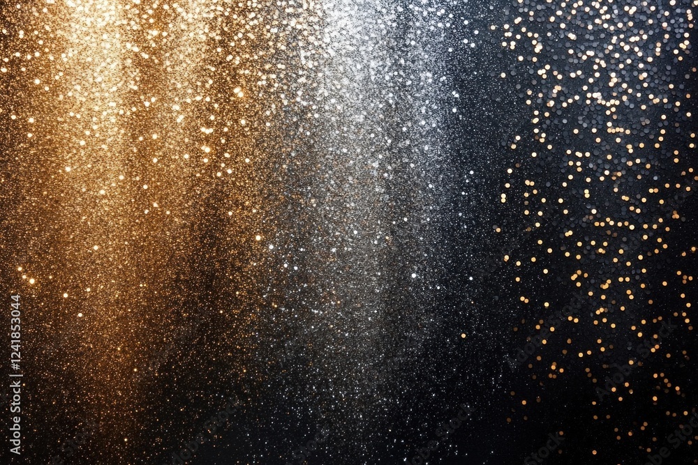 Fototapeta premium Shimmering silver and gold glitter lights dance against a dark background, offering a captivating visual perfect for festive occasions or decor