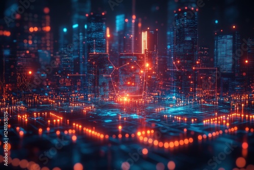 A vibrant digital representation showcasing global business internet connections within a futuristic landscape, highlighting advanced IoT technology