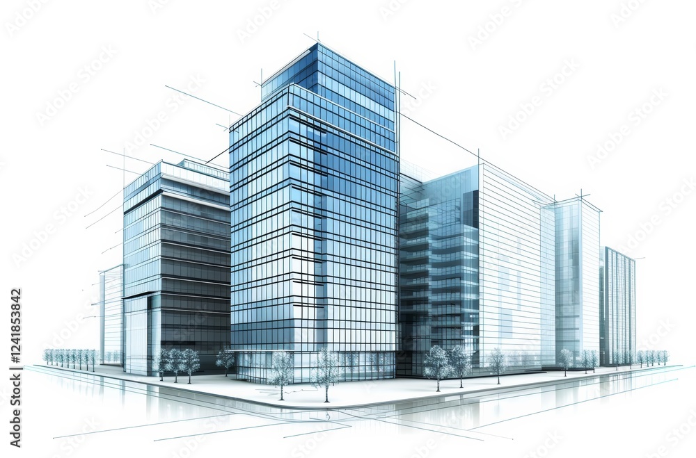 Fototapeta premium 3D architectural sketch of a modern city skyscraper and office building, illustrating contemporary urban development, structural design, and futuristic real estate concepts