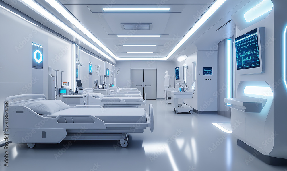 High-Tech Hospital Room with Smart Beds and Intelligent Features, Offering the Future of Healthcare Comfort and Care High-Tech Hospital Room with Smart Beds and Intelligent Features, Offering the Future of Healthcare Comfort and Care