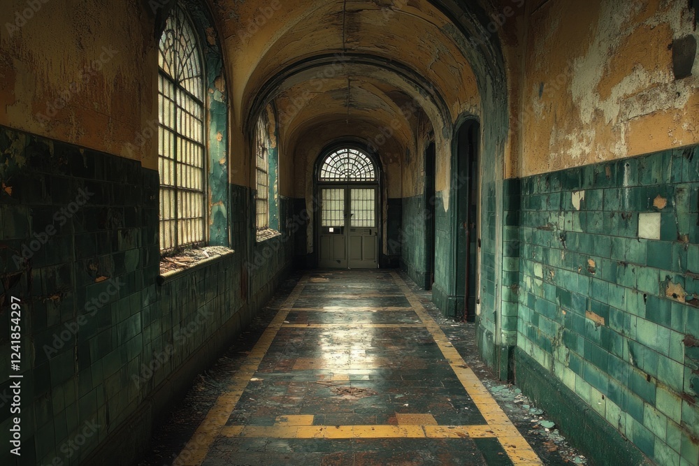 Fototapeta premium A corridor in a dilapidated hospital shows peeling paint, broken tiles, and an eerie silence, highlighting the chaos of its past