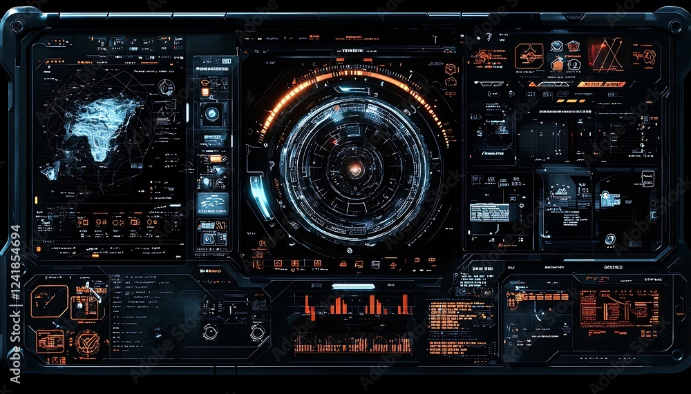 Fototapeta premium Sci-fi HUD dashboard with dynamic blue futuristic visuals on a virtual screen