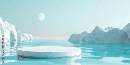 Wallpaper Mural Circular platform floats on a calm turquoise sea surrounded by icebergs under a pale sky. Concept of tranquility and minimalism. For background design. Torontodigital.ca