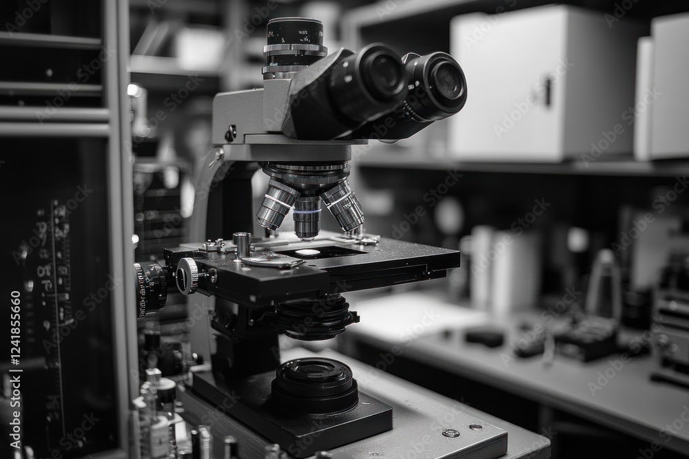 A microscope on a lab bench examines a specimen slide, surrounded by various scientific tools, showcasing a busy workspace A microscope on a lab bench examines a specimen slide, surrounded by various scientific tools, showcasing a busy workspace