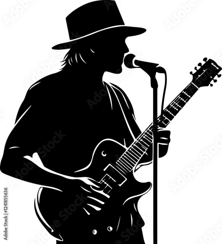 Silhouette of Musician Playing Guitar and Singing