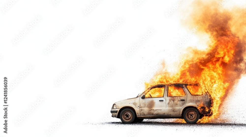 Obraz premium Burning white vehicle engulfed in intense orange flames, dark smoke rising against pristine white backdrop, highlighting destructive automotive incident