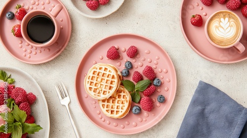 Wallpaper Mural   A pink plate holding waffles and raspberries sits beside a cappuccino cup Torontodigital.ca