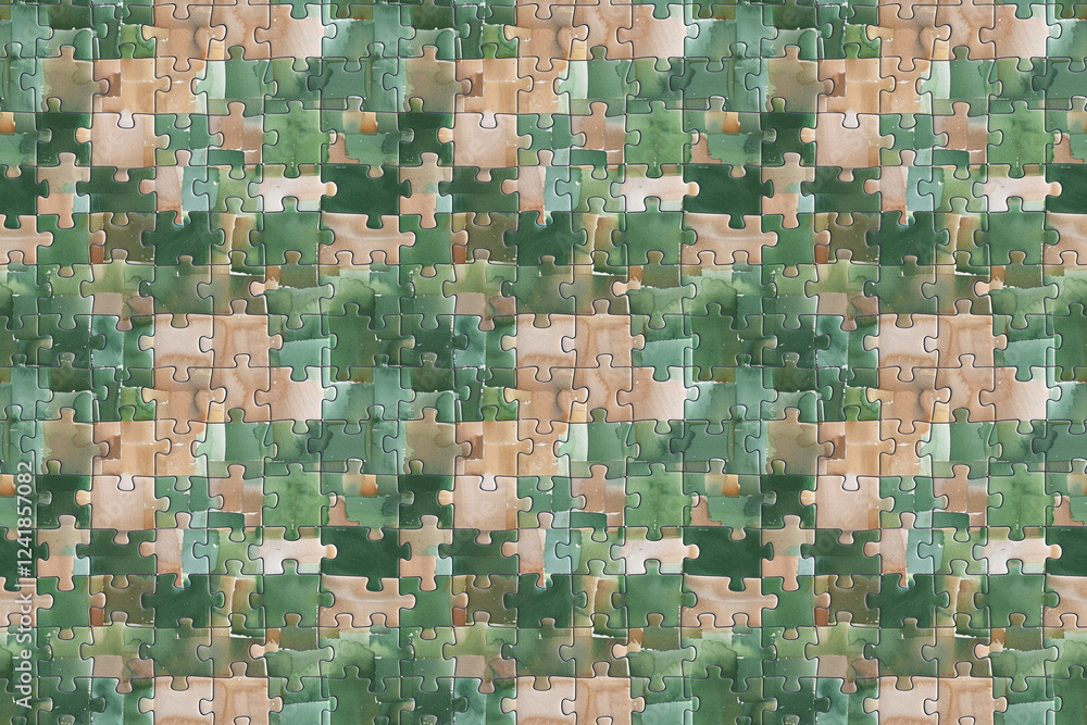 Fototapeta premium Watercolor seamless green and beige puzzle style pattern wallpaper