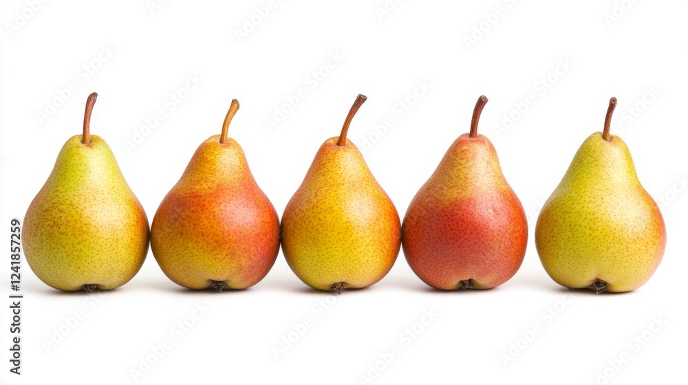 Five ripe pears in a row, white background, food photography, healthy eating Five ripe pears in a row, white background, food photography, healthy eating