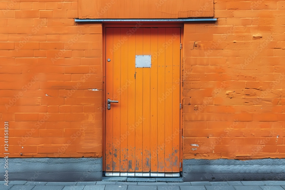 Orange painted wooden door in an orange brick wall with a blank sign and a metal grid at the base Orange painted wooden door in an orange brick wall with a blank sign and a metal grid at the base