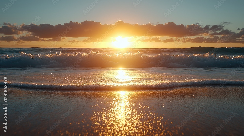 Fototapeta premium Golden Sunset Waves Crashing on Sandy Beach