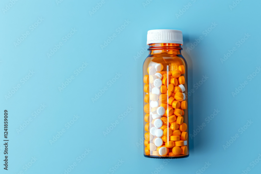 A transparent bottle filled with round yellow and white pills on a blue background. Concept of medication or health care. For medical or pharmacy content. A transparent bottle filled with round yellow and white pills on a blue background. Concept of medication or health care. For medical or pharmacy content.