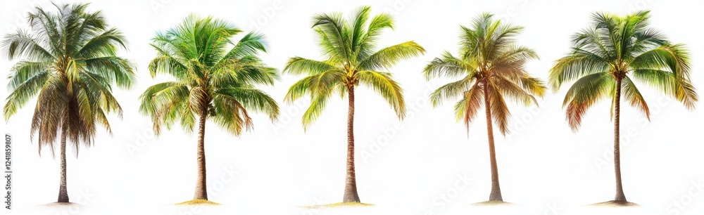Fototapeta premium Five Coconut Palms Isolated, Tropical, White Background, Design