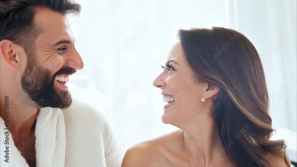 Happy couple laughing together in a bright, high-key lit setting, radiating warmth and connection, captured with a dolly zoom effect for cinematic intimacy Happy couple laughing together in a bright, high-key lit setting, radiating warmth and connection, captured with a dolly zoom effect for cinematic intimacy