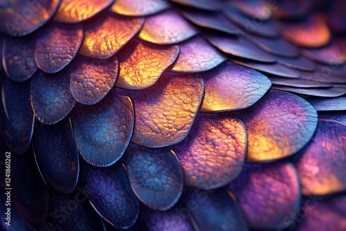 Wallpaper Mural Iridescent Dragon Scales A Close-Up Macro of Shimmering, Metallic, Overlapping Scales with Deep Purple, Blue, and Orange Hues. Torontodigital.ca