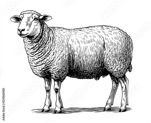 A hand-drawn black and white image of a vintage engraving depicting a lamb set and a ram ink sketch. The farm animal sheep background features mutton silhouette art photo